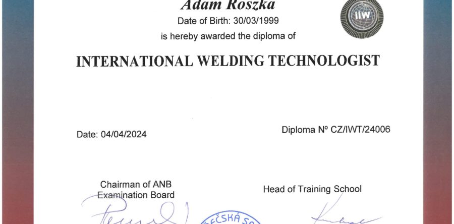 Diplom „Internationaler Schweißtechnologe“ CZ/IWT/24006