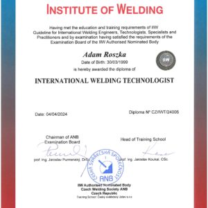 Diplom mezinárodního svářečského technologa CZ/IWT/24006