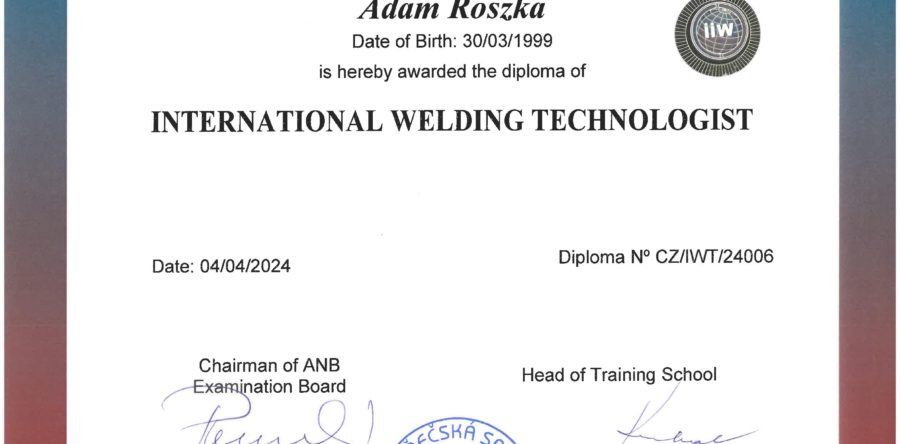 Diplom mezinárodního svářečského technologa CZ/IWT/24006